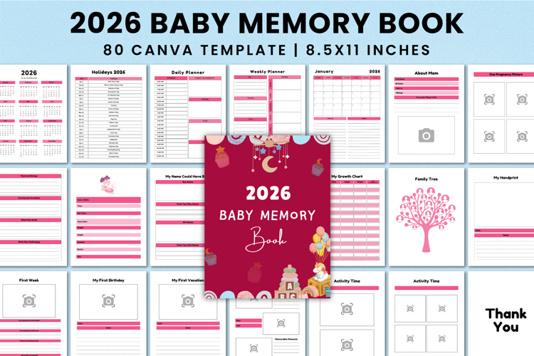 Editable 2026 Baby Memory Book For Canva Templates example image 1