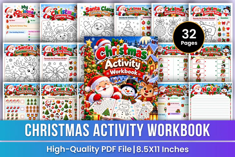 Christmas Activity Workbook | Coloring, Puzzles, Tracing