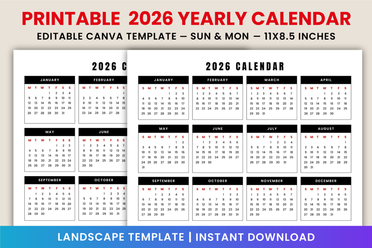 2026 Yearly landscape Calendar Canva Templates