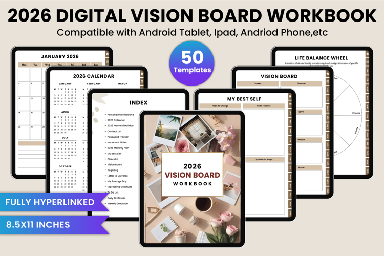 2026 Digital Vision Board Workbook Canva Template