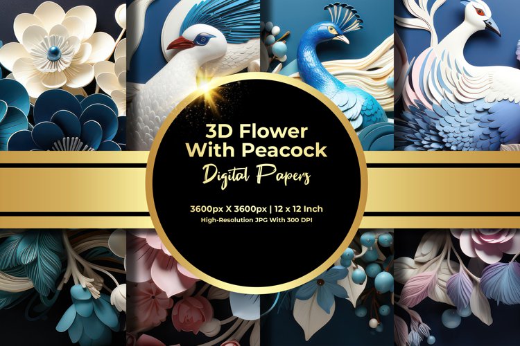 3D Flower With Peacock Digital Paper example image 1