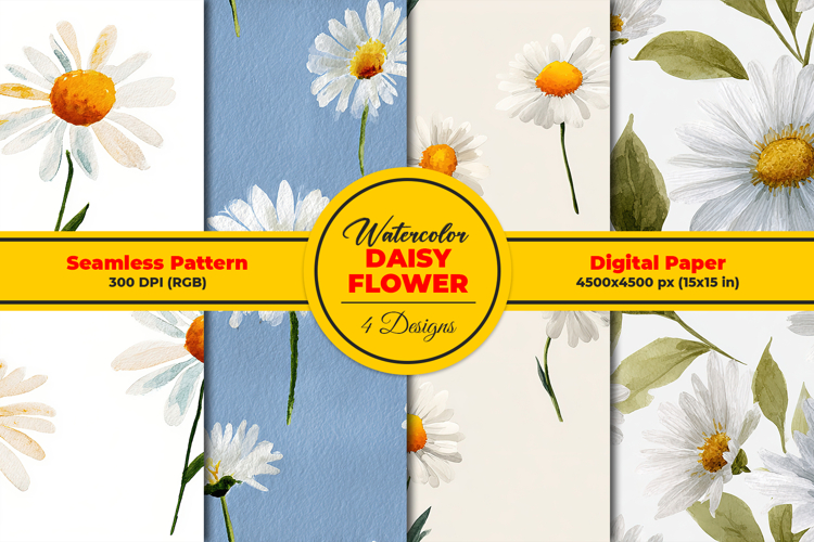Watercolor Daisy Flower Seamless Pattern and Digital Paper