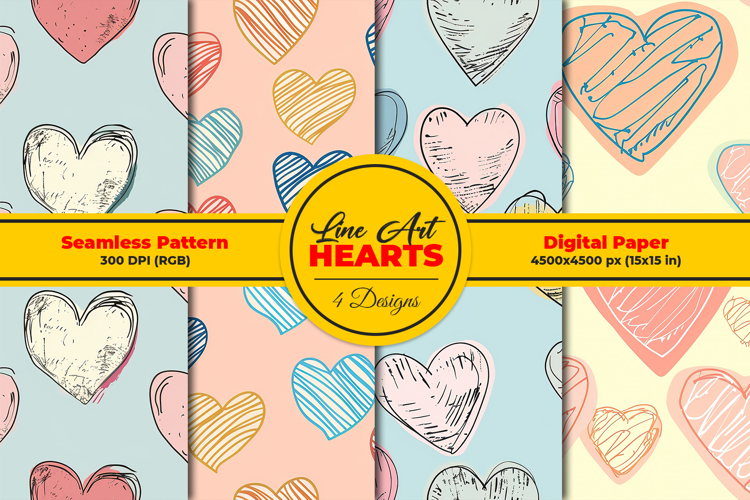 Line Art Hearts Seamless Pattern and Digital Paper Design