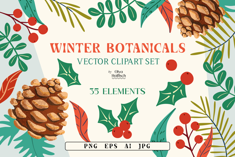 Winter Botanicals Vector Clipart Set. Pine Cones and Leaves