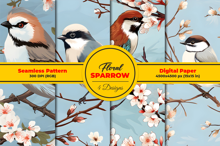 Floral Sparrow Seamless Pattern and Digital Paper Background