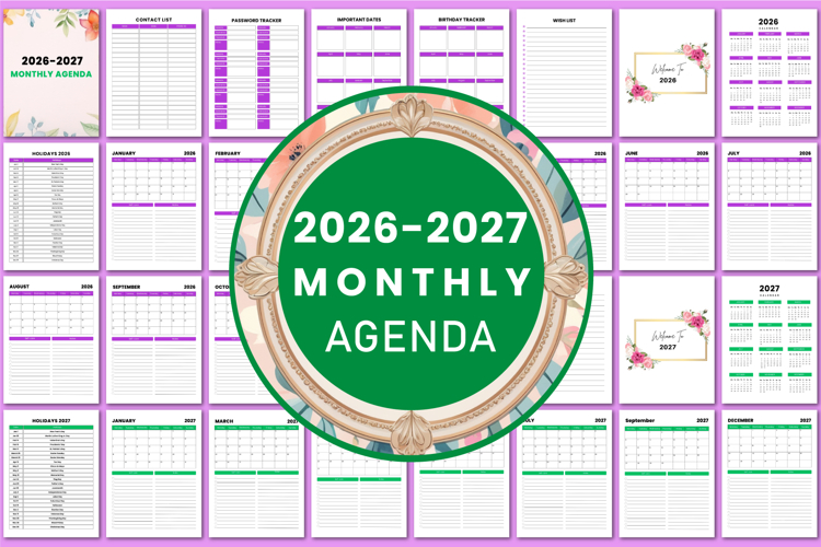 2026-2027 Monthly Agenda Canva templates