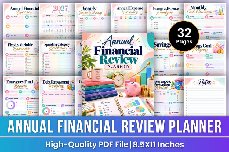 Annual Financial Review Planner | Income, Expenses, Savings
