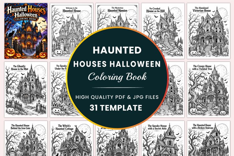 Haunted Houses Halloween Coloring Book Kdp interiors example image 1