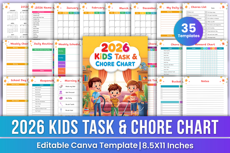 2026 Kids Task & Chore Chart Canva Templates