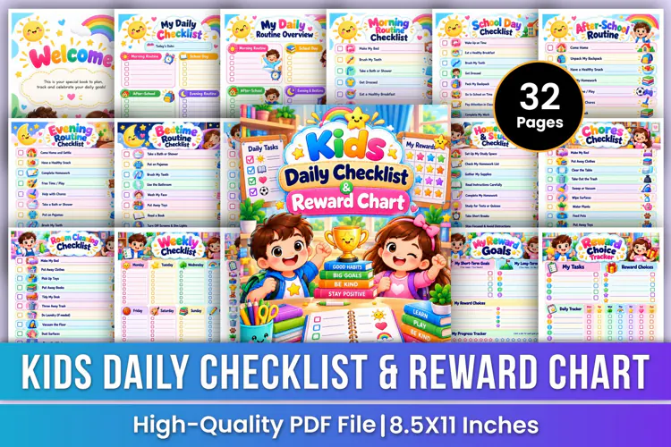 Kids Daily Checklist & Reward Chart | Routines, Chores