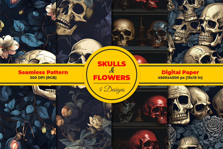 Skull and Flowers Seamless Pattern and Digital Paper