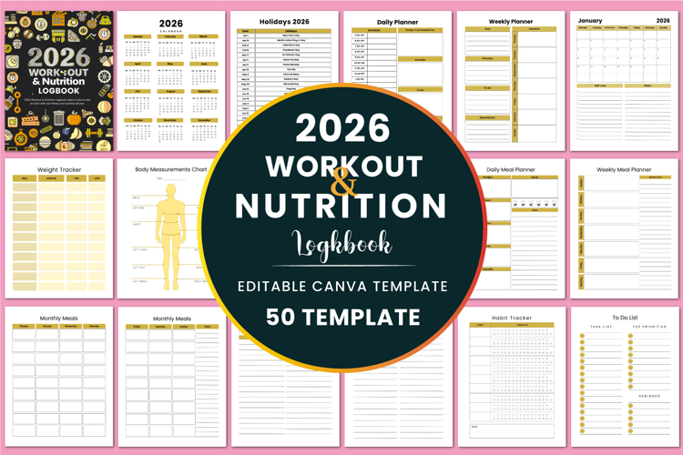 2026 Workout & Nutrition Logbook Canva templates