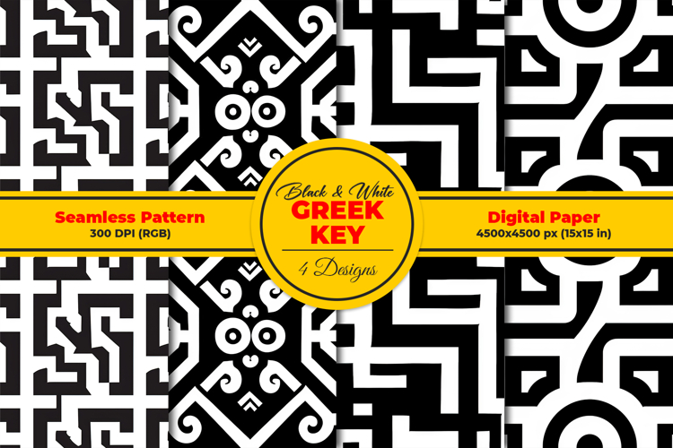 Black and White Greek Key Seamless Pattern and Digital Paper