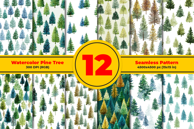 Watercolor Pine Trees Seamless Pattern and Digital paper