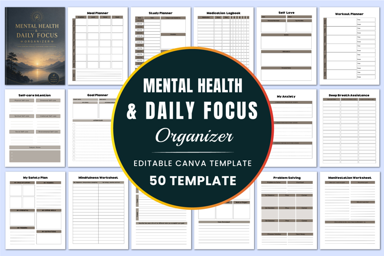 Mental Health & Daily Focus Organizer Canva templates