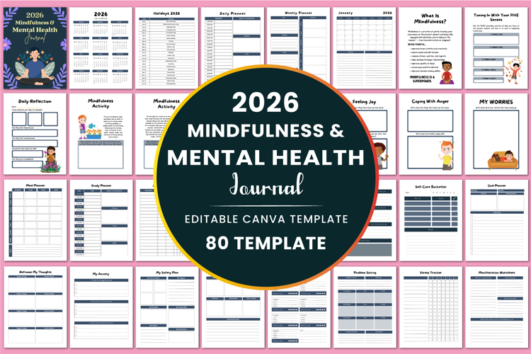 2026 Mindfulness & Mental Health Journal Canva Templates