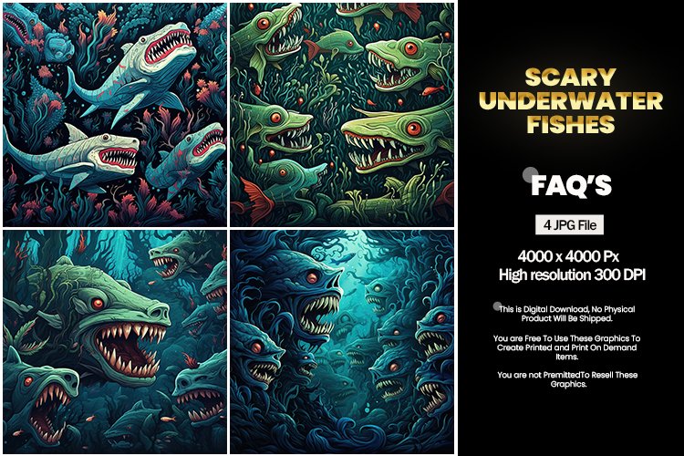 Scary Underwater Fishes Square Coaster - 04 Variations