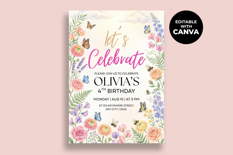 Wildflower Birthday Invitation Template, Editable Canva Temp