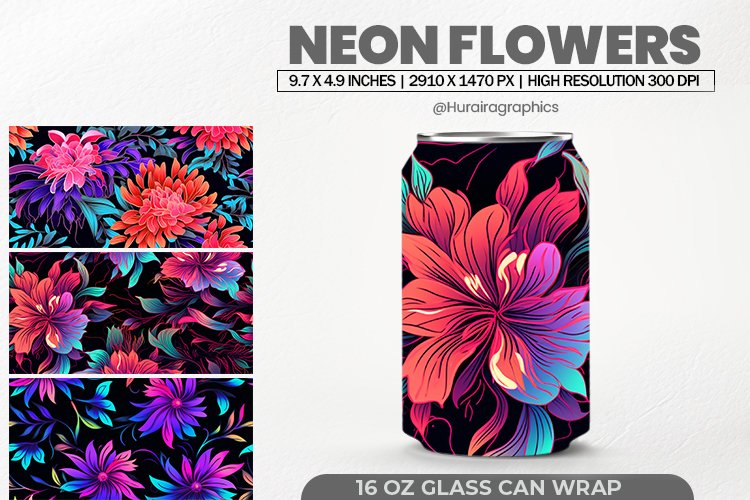 Neon Flowers Glass Can Wrap,16 Oz Tumbler Sublimation