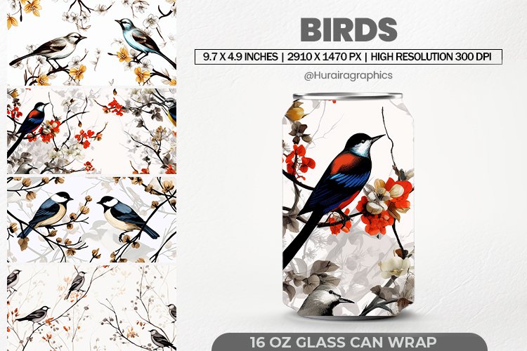 Birds Glass Can Wrap, 16 Oz Tumbler Sublimation