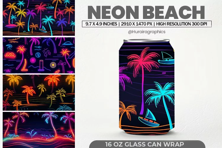 Neon Beach Glass Can Wrap,16 Oz Tumbler Sublimation