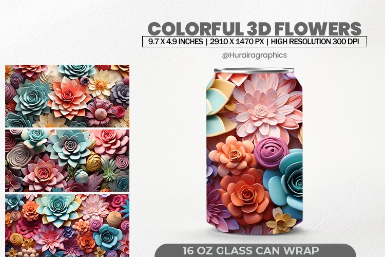 Colorful 3d Flowers Glass Can Wrap,16 Oz Tumbler Sublimation