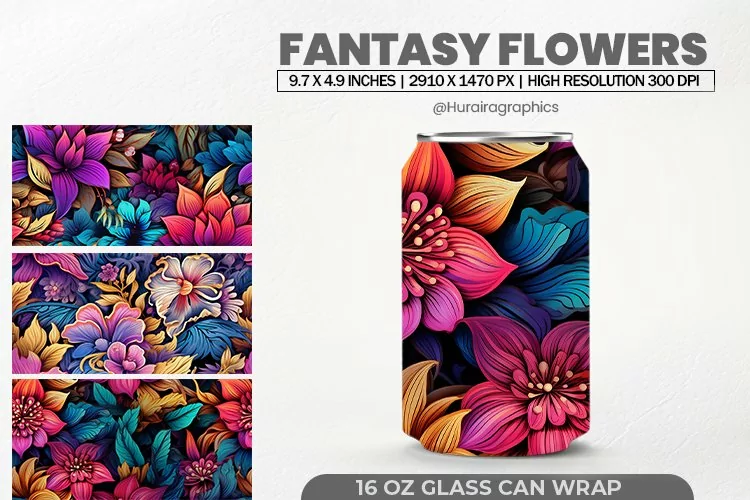 Fantasy Flowers Glass Can Wrap,16 Oz Tumbler Sublimation