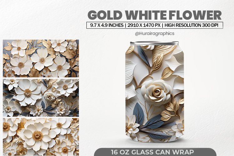 Gold White Flower Glass Can Wrap,16 Oz Tumbler Sublimation