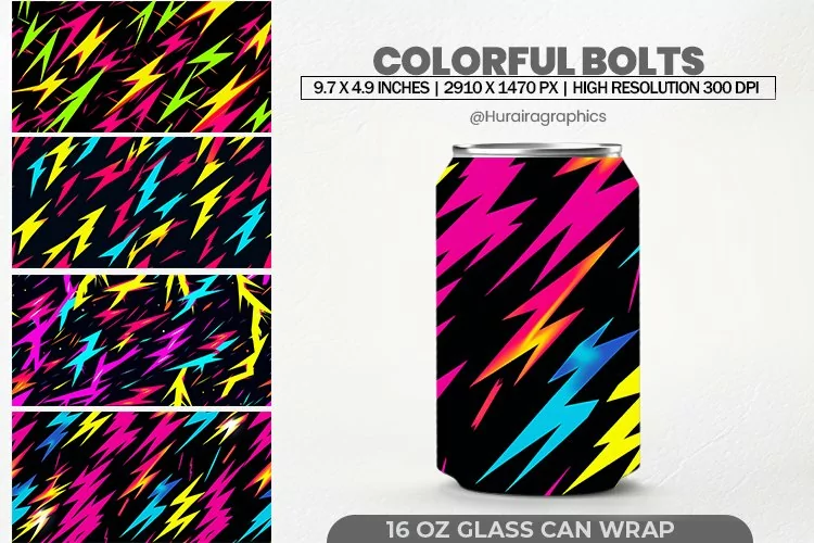Colorful Bolts Glass Can Wrap,16 Oz Tumbler Sublimation