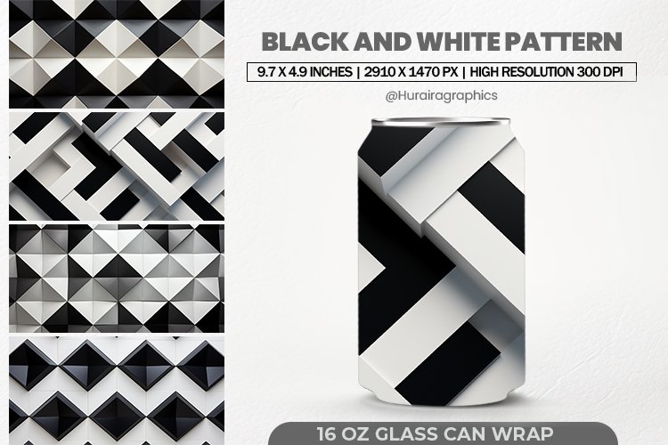 Black & White Pattern Glass Can Wrap, 16 Oz Tumbler