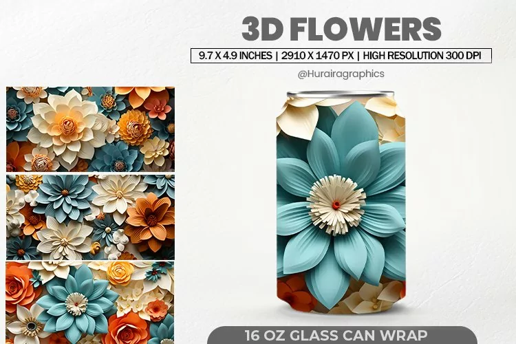 3D Flowers Glass Can Wrap, 16 Oz Tumbler Sublimation