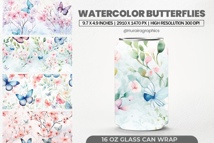 Watercolor Butterflies Glass Can Wrap,16 Oz Tumbler