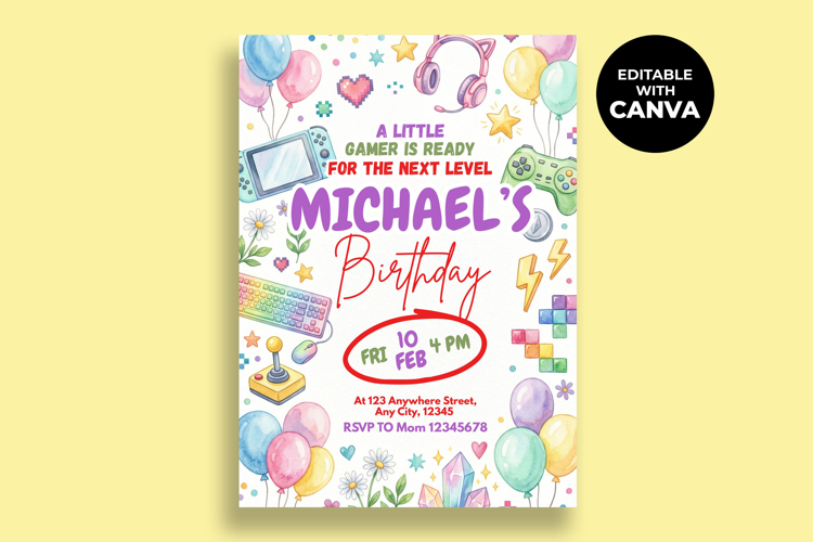 Gaming Birthday Invitation, Editable Canva Template