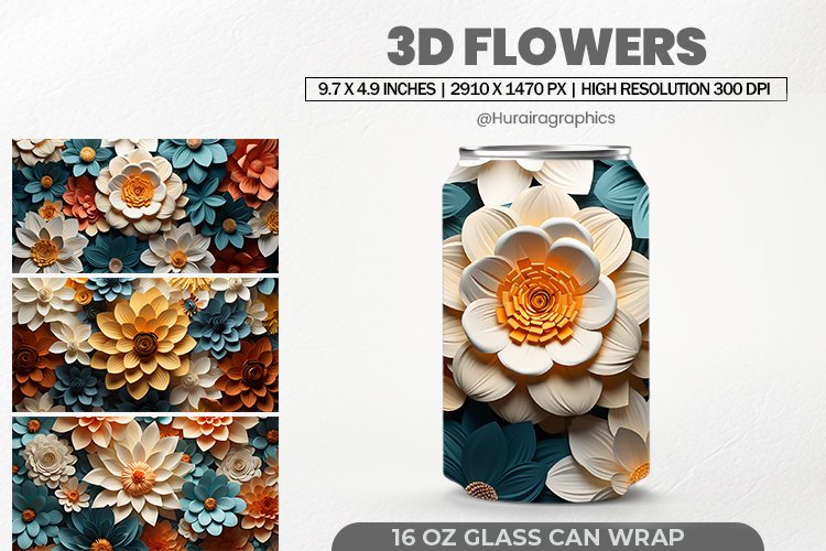 3D Flowers Glass Can Wrap, 16 Oz Tumbler Sublimation