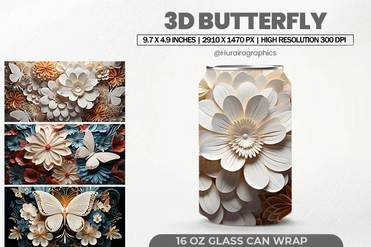 3D Butterfly Glass Can Wrap, 16 Oz Tumbler Sublimation