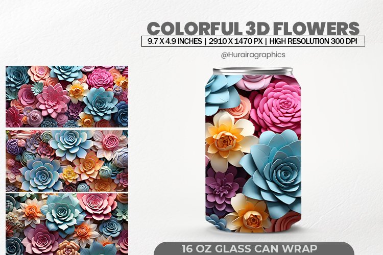 Colorful 3d Flowers Glass Can Wrap,16 Oz Tumbler Sublimation