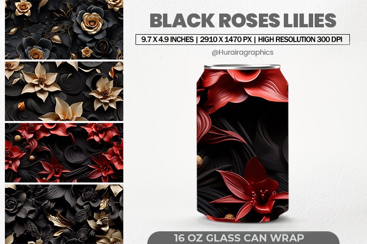 Black Rose Lilies Can Wrap, 16 Oz Tumbler Sublimation example image 1