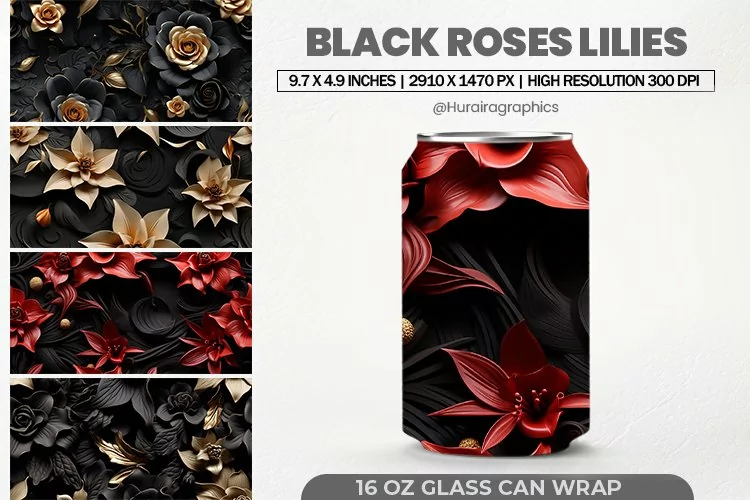 Black Rose Lilies Can Wrap, 16 Oz Tumbler Sublimation