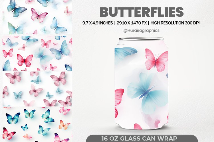 Butterflies Glass Can Wrap, 16 Oz Tumbler Sublimation