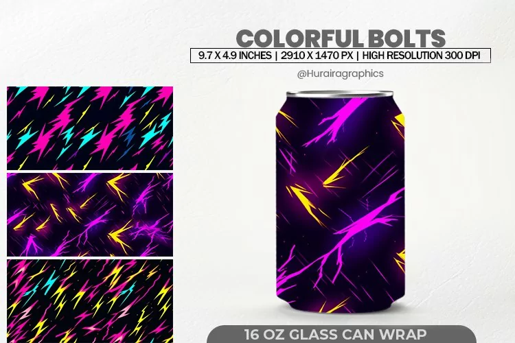 Colorful Bolts Glass Can Wrap,16 Oz Tumbler Sublimation