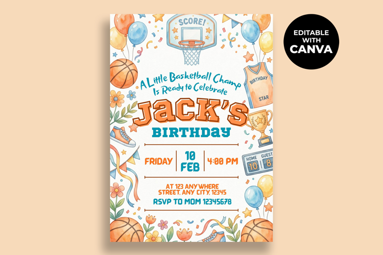 Basketball Birthday Invitation, Editable Canva Template