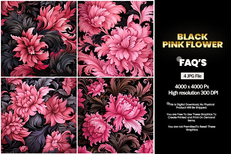 Black Pink Flower Square Coaster - 04 Variations