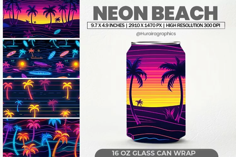 Neon Beach Glass Can Wrap,16 Oz Tumbler Sublimation