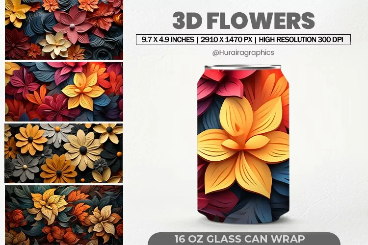 3D Flowers Glass Can Wrap, 16 Oz Tumbler Sublimation