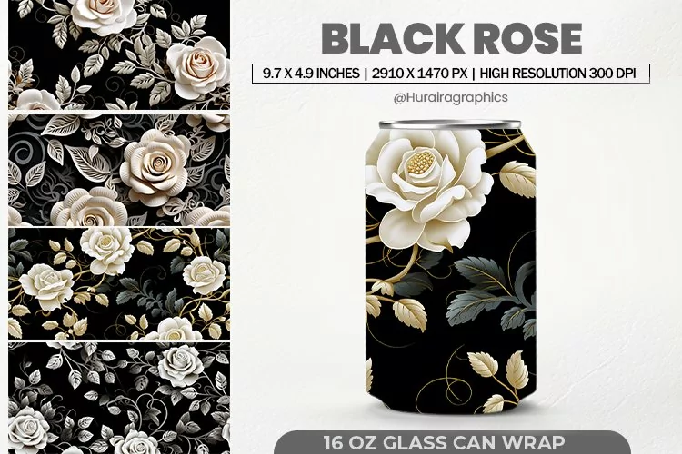 Black Rose Can Wrap, 16 Oz Tumbler Sublimation