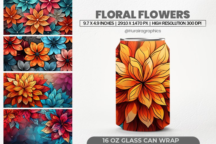 Floral Flowers Glass Can Wrap,16 Oz Tumbler Sublimation