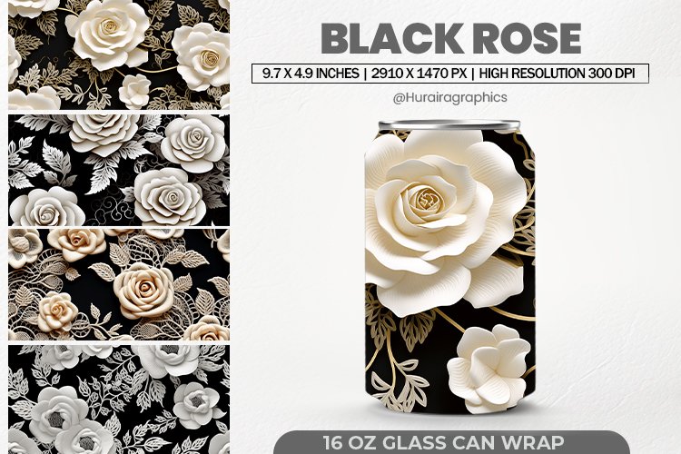 Black Rose Can Wrap, 16 Oz Tumbler Sublimation example image 1