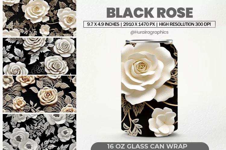 Black Rose Can Wrap, 16 Oz Tumbler Sublimation