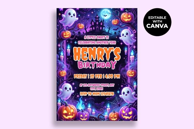 Cute Ghost Birthday Invitation, Editable Canva Template