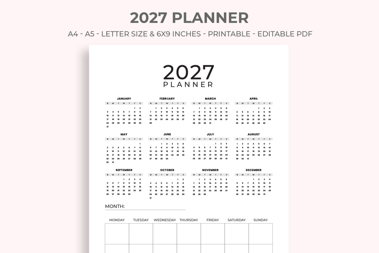 2027 Planner Printable, 2027 Monthly Planner, KDP Interior
